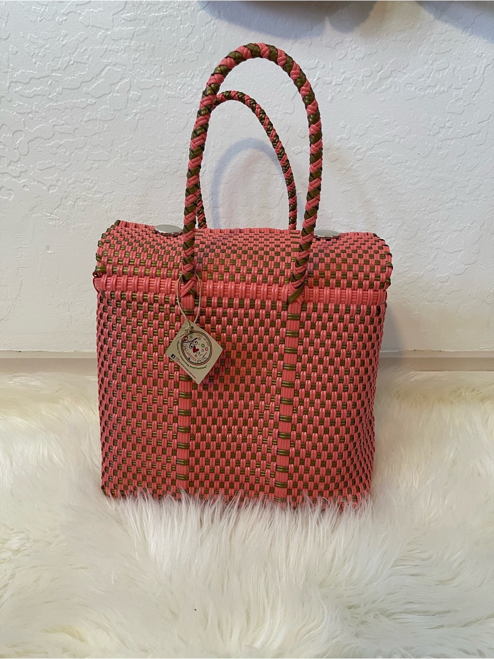 Woven Coral & Olive Handbag - Unknown Brand